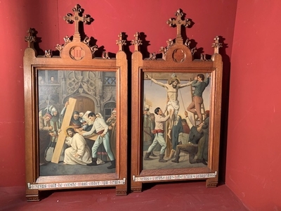 Stations Of The Cross style Gothic - style en Oak Frames / Painted on Zinc, Belgium 19th century ( anno 1875 )