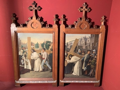 Stations Of The Cross style Gothic - style en Oak Frames / Painted on Zinc, Belgium 19th century ( anno 1875 )