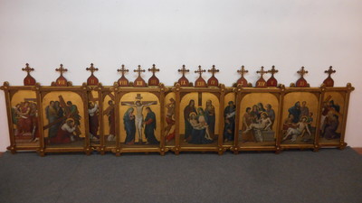 Stations Of The Cross  style Gothic - Style en Oak Frames Painted on Panel, Belgium 19 th century