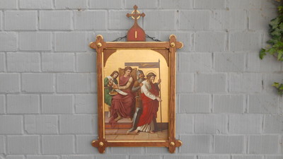 Stations Of The Cross  style Gothic - Style en Oak Frames Painted on Panel, Belgium 19 th century