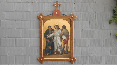 Stations Of The Cross  style Gothic - Style en Oak Frames Painted on Panel, Belgium 19 th century