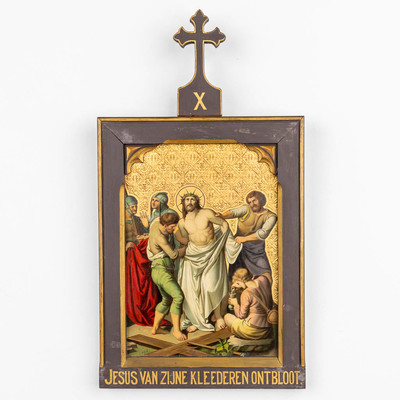 Stations Of The Cross  style Gothic - style en Painted on Brass Oak Frames, Belgium 19 th century