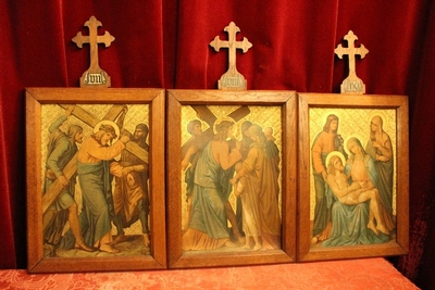 Stations Of The Cross style Gothic - style en Painted on zink / Oak Frames, Belgium 19th century ( anno 1890 )