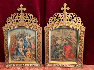 Stations Of The Cross Lithograph Imaginations, Hand-Painted Timber Frames style Gothic - style en LITHOGRAPH IMAGINATIONS, HAND-PAINTED TIMBER FRAMES, France 19th century ( anno 1875 )