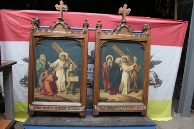 Stations Of The Cross Painted On Canvas style Gothic - style en Oak frames / Oilpainted on Canvas, Belgium 19th century ( anno 1875 )