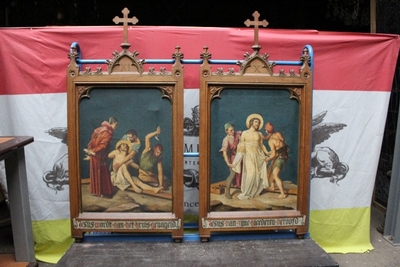 Stations Of The Cross Painted On Canvas style Gothic - style en Oak frames / Oilpainted on Canvas, Belgium 19th century ( anno 1875 )