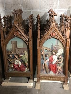 Stations Of The Cross. Signed  : Henri Gerard Namur Belgium style Gothic - style en Oak Wooden Frames / Wood Pap Reliefs, Namur Belgium 19th century