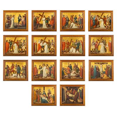 Stations Of The Cross. These Stations Did Survive The Bombing Of The Church style Gothic - Style en Hand Painted on Brass / Framed / Oak Frames, Belgium  19 th century ( Anno 1890 )