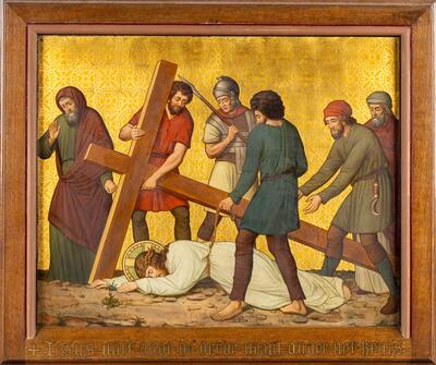 Stations Of The Cross. These Stations Did Survive The Bombing Of The Church style Gothic - Style en Hand Painted on Brass / Framed / Oak Frames, Belgium  19 th century ( Anno 1890 )