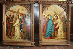 Stations Of The Cross style Romanesque en Hand - Painted on Zinc / Oak Frames, Dutch ( Church at Nuenen ) 19th century