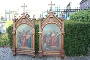 Stations Of The Cross style Romanesque en Painted on zink / Oak Frames, France 19th century