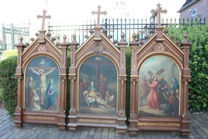 Stations Of The Cross style Romanesque en Painted on zink / Oak Frames, France 19th century