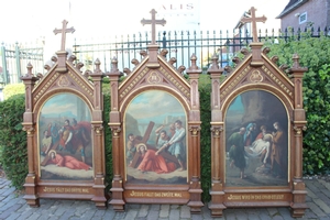 Stations Of The Cross style Romanesque en Painted on zink / Oak Frames, France 19th century