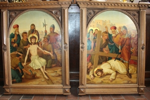 Stations Of The Cross style Romanesque en Hand - Painted on Zinc / Oak Frames, Dutch ( Church at Nuenen ) 19th century