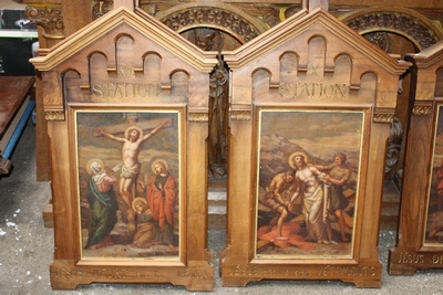 Stations Of The Cross style Romanesque en Walnut Frames / Painted on linen, France 19th century