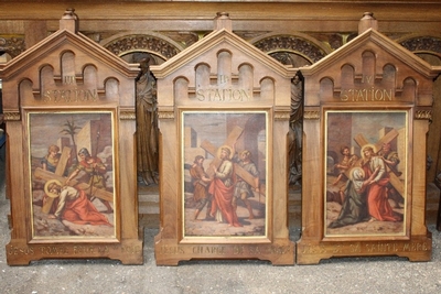 Stations Of The Cross style Romanesque en Walnut Frames / Painted on linen, France 19th century