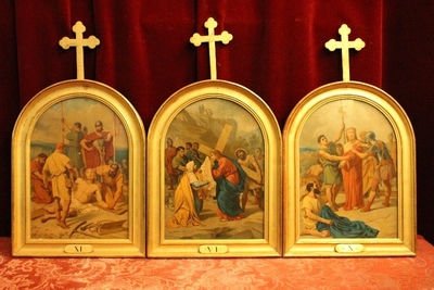 Stations Of The Cross style Romanesque en Printed on Canvas Wooden Frames Gilt, France 19th century