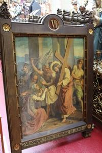 Stations Of The Cross en Painted on Canvas / Oak Frames, Belgium 19th century / anno 1890