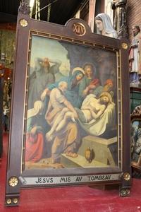 Stations Of The Cross en Painted on Canvas / Oak Frames, Belgium 19th century / anno 1890