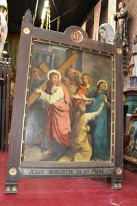 Stations Of The Cross en Painted on Canvas / Oak Frames, Belgium 19th century / Anno 1890