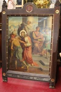 Stations Of The Cross en Painted on Canvas / Oak Frames, Belgium 19th century / Anno 1890