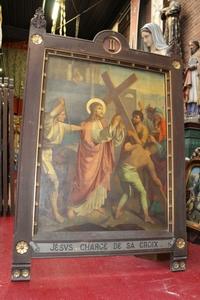 Stations Of The Cross en Painted on Canvas / Oak Frames, Belgium 19th century / Anno 1890