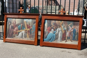 Stations Of The Cross. Measures Without Cross. Minor Repairs. en Painted on linen, Belgium 19th century