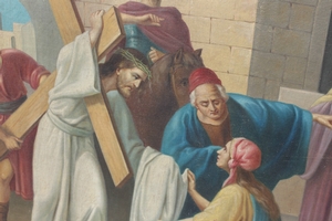 Stations Of The Cross. Measures Without Cross. Minor Repairs. en Painted on linen, Belgium 19th century