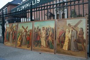 Stations Of The Cross Painted On Canvas en Linen / Wood, Dutch 19 th century