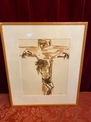 Stations Of The Cross Signed: E Slegers en Aquarelle / Wooden Frames / Glass, Belgium 20th Century