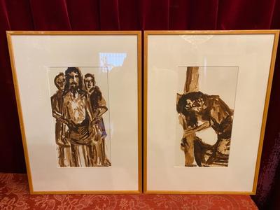 Stations Of The Cross Signed: E Slegers en Aquarelle / Wooden Frames / Glass, Belgium 20th Century