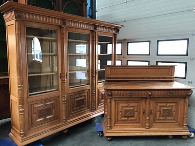 Bookcase With Matching Sideboard / Perfect Condition en Oak wood, Dutch 19th century