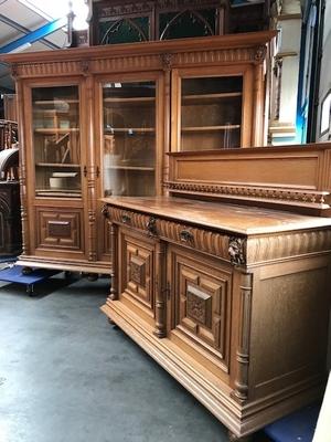 Bookcase With Matching Sideboard / Perfect Condition en Oak wood, Dutch 19th century