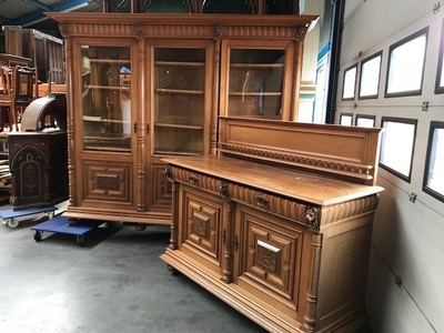 Bookcase With Matching Sideboard / Perfect Condition en Oak wood, Dutch 19th century