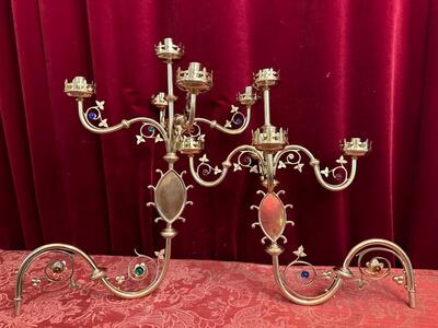 Wall - Candle Holders style Gothic - Style en Brass / Bronze / Polished and Varnished / Stones, Belgium  19 th century ( Anno 1875 )