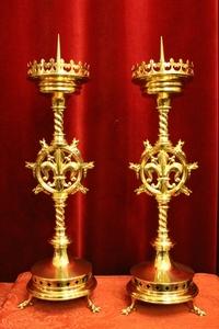 Pair Candle Sticks. Measures Without Pin. en Brass / Bronze / Polished and Varnished, Belgium 19th century