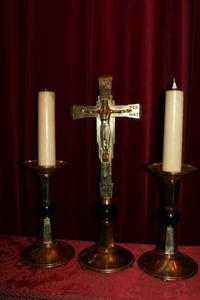 Altar Set Matching Candle Sticks With Cross. Measures From The Cross style ART - DECO en Bronze, Belgium 20th century