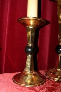 Altar Set Matching Candle Sticks With Cross. Measures From The Cross style ART - DECO en Bronze, Belgium 20th century