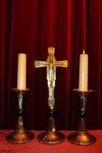 Altar Set Matching Candle Sticks With Cross. Measures From The Cross style ART - DECO en Bronze, Belgium 20th century