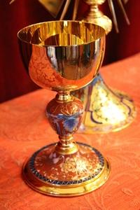 Chalice, Monstrance, Cruets. en brass / gilt / emaille, 20th century