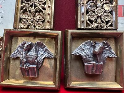 Exceptional Art Nouveau Set Canon Boards. Applications 4 Evangelists Measurements : 1 X 60 W X 50 H Cm. 2 X 33 W  X 42 H Cm. en Brass / Bronze / Gilt / Glass, France 20 th century ( Anno 1935 )