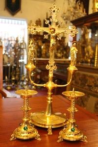 Altar Set Height Cross 60 Cm / 24 Inches. Candle Sticks Are Sold ! style Gothic - style en bronze, Belgium 19th century