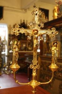 Altar Set Height Cross 60 Cm / 24 Inches. Candle Sticks Are Sold ! style Gothic - style en bronze, Belgium 19th century