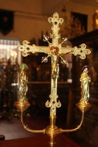 Altar Set Height Cross 60 Cm / 24 Inches. Candle Sticks Are Sold ! style Gothic - style en bronze, Belgium 19th century