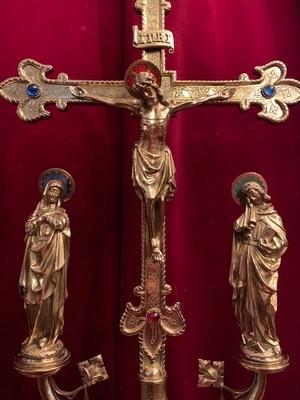 Calvary-Scene + 2 Matching Candle-Holders style Gothic - style en Bronze / Gilt / Stones, Belgium  19th century ( anno 1875 )