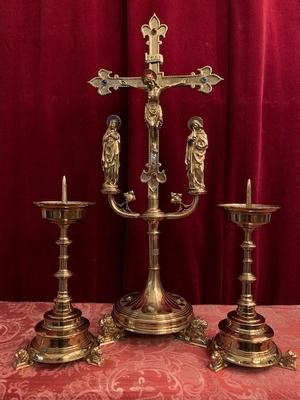 Calvary-Scene + 2 Matching Candle-Holders style Gothic - style en Bronze / Gilt / Stones, Belgium  19th century ( anno 1875 )