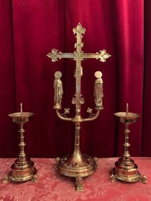 Calvary-Scene + 2 Matching Candle-Holders style Gothic - style en Bronze / Gilt / Stones, Belgium  19th century ( anno 1875 )