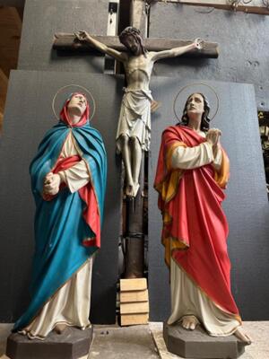 Calvary Scene Corpus Christi St. Mary & St. John. Also For Sale Separately style Gothic - Style en Plaster / Terra -Cotta / Cross - Wood, Belgium  19 th century ( Anno 1865 )