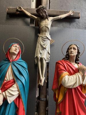 Calvary Scene Corpus Christi St. Mary & St. John. Also For Sale Separately style Gothic - Style en Plaster / Terra -Cotta / Cross - Wood, Belgium  19 th century ( Anno 1865 )