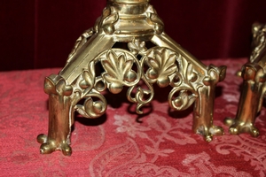 Candle Sticks. Measures Without Pin. Also For Sale As A Pair ! style Gothic - style en Full - Bronze , Belgium 19th century